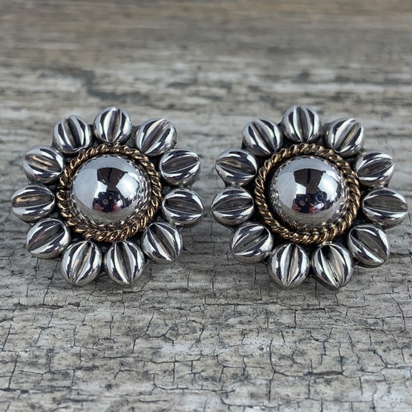 Vintage 1990’s Sterling Silver Sunflower Flower Earrings Handmade Mexico Laton - Picture 1 of 6